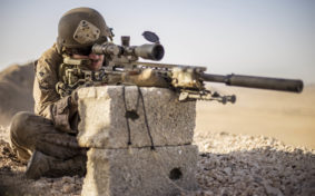 RABKUT, Oman (Feb. 19,2017) U.S. Marine Cpl. Robert Lea, a scout sniper with Weapons Company, Battalion Landing Team 1st Bn., 4th Marines, 11th Marine Expeditionary Unit (MEU), sights in with his M110 Semi-Automatic Sniper System during an unknown distance range as part of Exercise Sea Solider, Feb. 19. The Marines and Sailors with the Scout Sniper Platoon will seek vantage points to observe key areas of interest, known as forward observing, and give adjacent units fire direction from long distances. Sea Soldier 2017 is an annual, bilateral exercise conducted with the Royal Army of Oman designed to demonstrate the cooperative skill and will of U.S. and partner nations to work together in maintaining regional stability and security. The 11th MEU is deployed in the U.S. 5th Fleet area of operations in support of maritime security operations designed to reassure allies and partners, preserve the freedom of navigation and the free flow of commerce and enhance regional stability. (U.S. Marine Corps photo by Cpl. April L. Price)